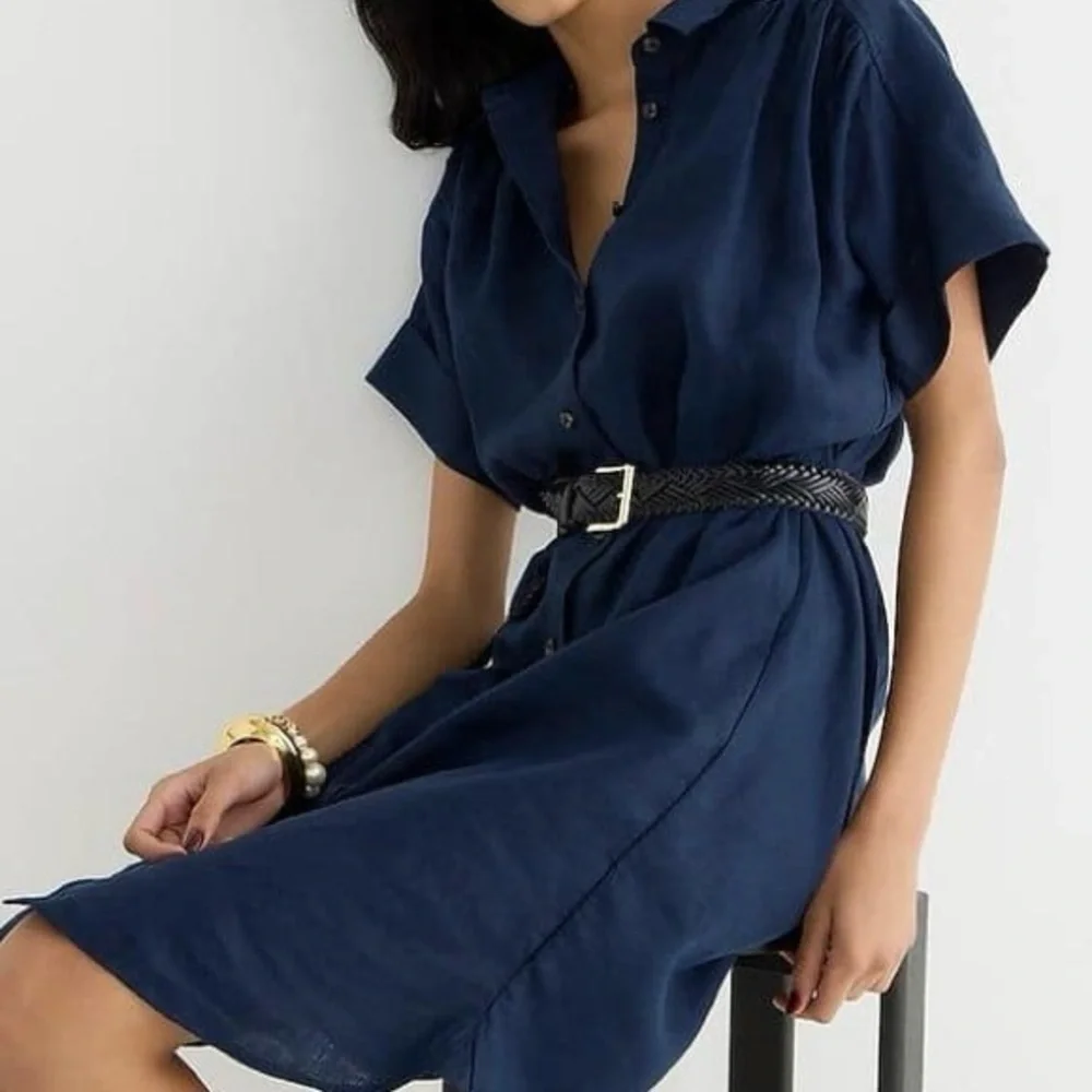 J.Crew Relaxed Linen Shirt Dress Navy Medium Petite - Picture 1 of 8